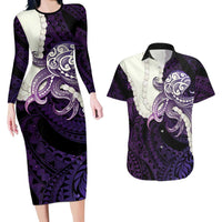 Purple Galaxy Polynesia Tribal Octopus Tattoo Couples Matching Long Sleeve Bodycon Dress and Hawaiian Shirt Pikake Lei Polynesian Pattern