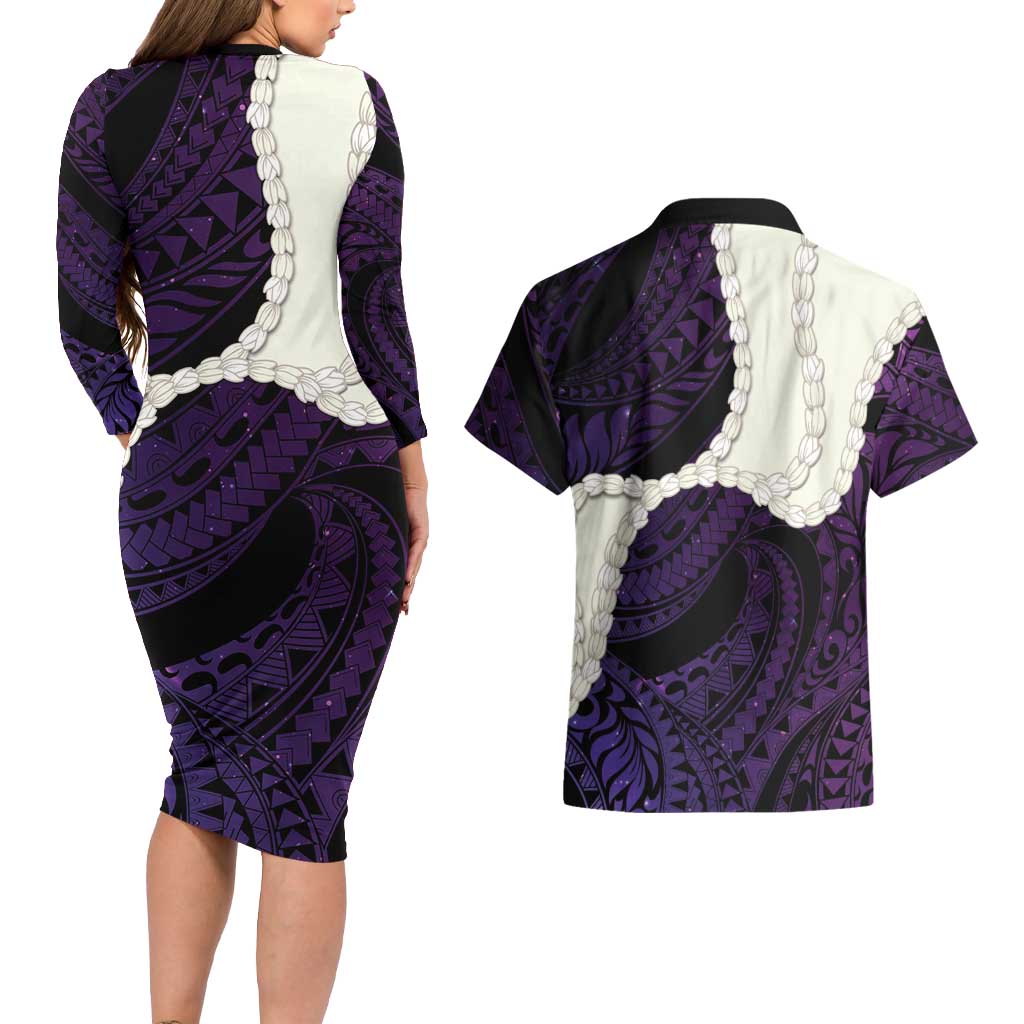 Purple Galaxy Polynesia Tribal Octopus Tattoo Couples Matching Long Sleeve Bodycon Dress and Hawaiian Shirt Pikake Lei Polynesian Pattern