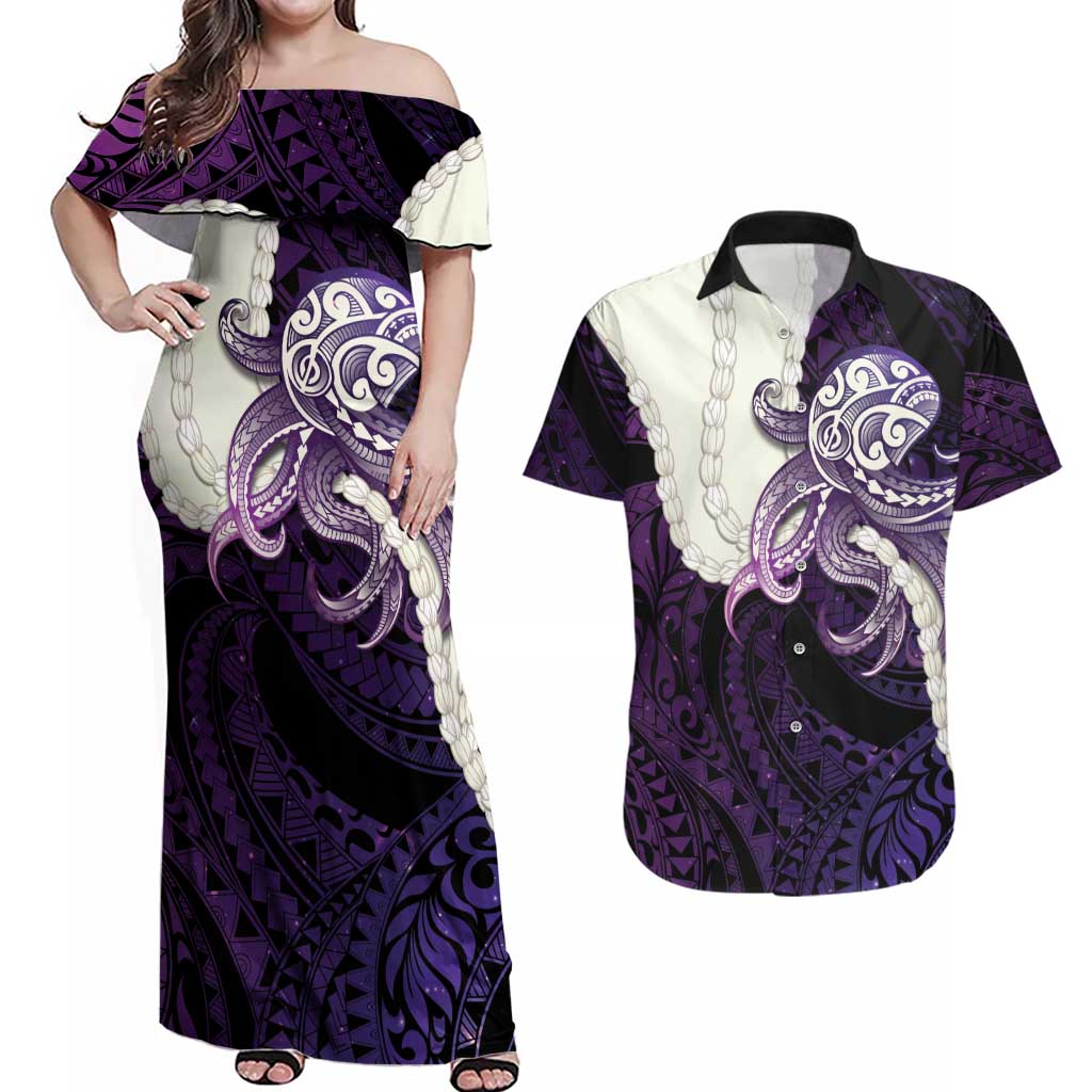 Purple Galaxy Polynesia Tribal Octopus Tattoo Couples Matching Off Shoulder Maxi Dress and Hawaiian Shirt Pikake Lei Polynesian Pattern