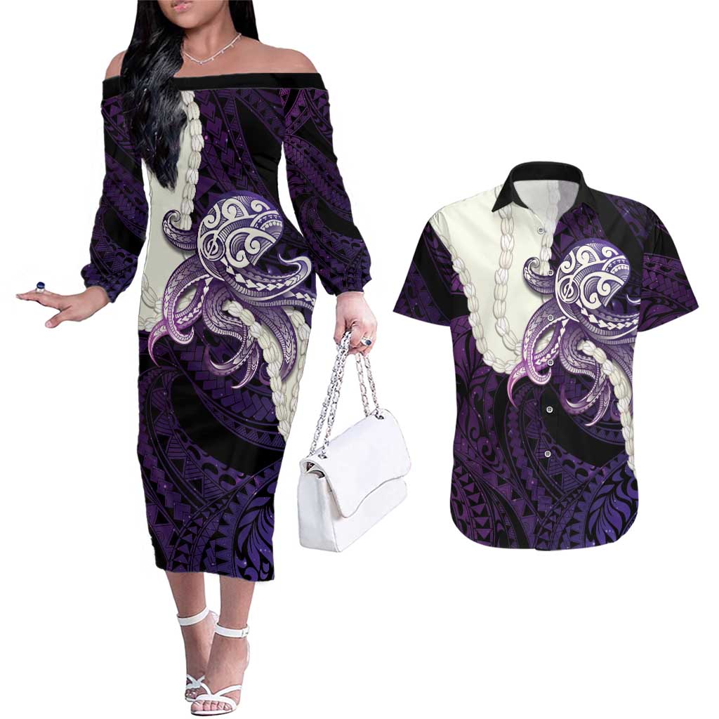 Purple Galaxy Polynesia Tribal Octopus Tattoo Couples Matching Off The Shoulder Long Sleeve Dress and Hawaiian Shirt Pikake Lei Polynesian Pattern