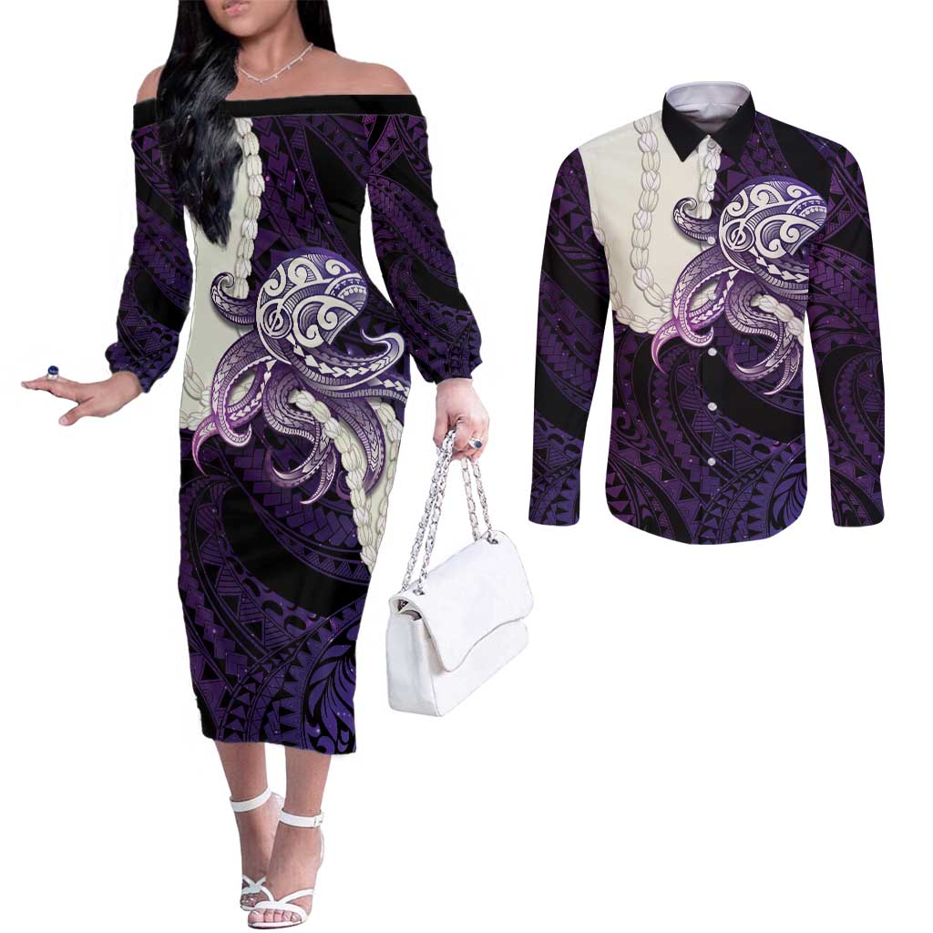 Purple Galaxy Polynesia Tribal Octopus Tattoo Couples Matching Off The Shoulder Long Sleeve Dress and Long Sleeve Button Shirt Pikake Lei Polynesian Pattern