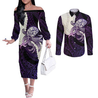 Purple Galaxy Polynesia Tribal Octopus Tattoo Couples Matching Off The Shoulder Long Sleeve Dress and Long Sleeve Button Shirt Pikake Lei Polynesian Pattern