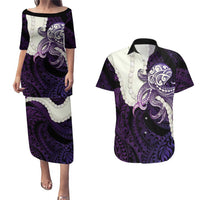 Purple Galaxy Polynesia Tribal Octopus Tattoo Couples Matching Puletasi and Hawaiian Shirt Pikake Lei Polynesian Pattern