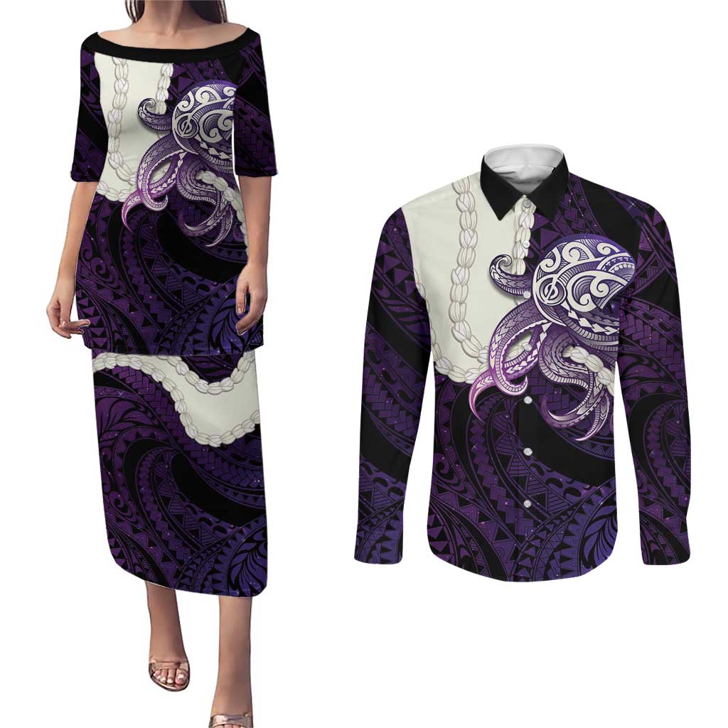Purple Galaxy Polynesia Tribal Octopus Tattoo Couples Matching Puletasi and Long Sleeve Button Shirt Pikake Lei Polynesian Pattern