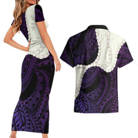 Purple Galaxy Polynesia Tribal Octopus Tattoo Couples Matching Short Sleeve Bodycon Dress and Hawaiian Shirt Pikake Lei Polynesian Pattern