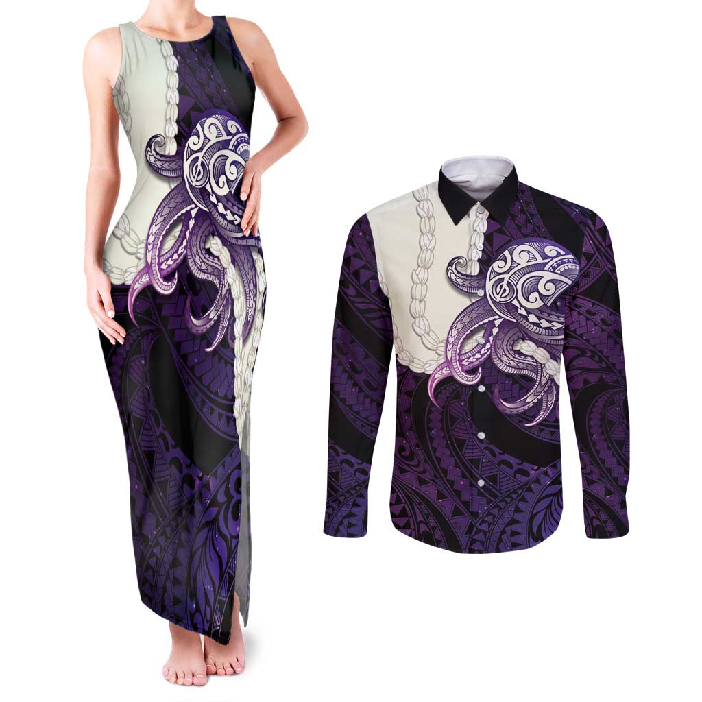Purple Galaxy Polynesia Tribal Octopus Tattoo Couples Matching Tank Maxi Dress and Long Sleeve Button Shirt Pikake Lei Polynesian Pattern