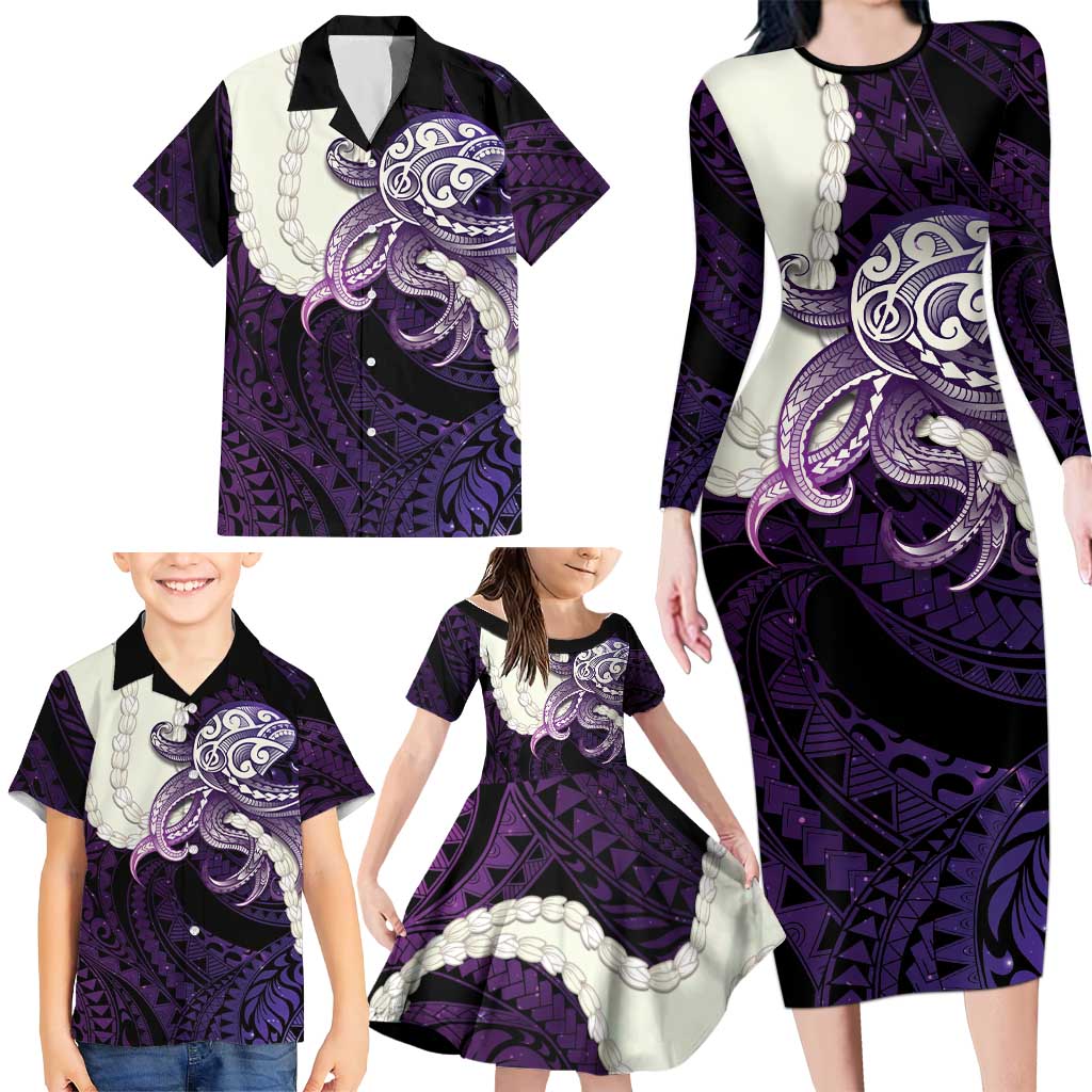 Purple Galaxy Polynesia Tribal Octopus Tattoo Family Matching Long Sleeve Bodycon Dress and Hawaiian Shirt Pikake Lei Polynesian Pattern