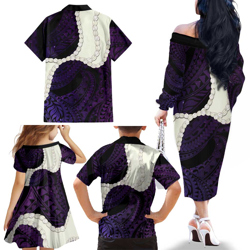 Purple Galaxy Polynesia Tribal Octopus Tattoo Family Matching Off The Shoulder Long Sleeve Dress and Hawaiian Shirt Pikake Lei Polynesian Pattern
