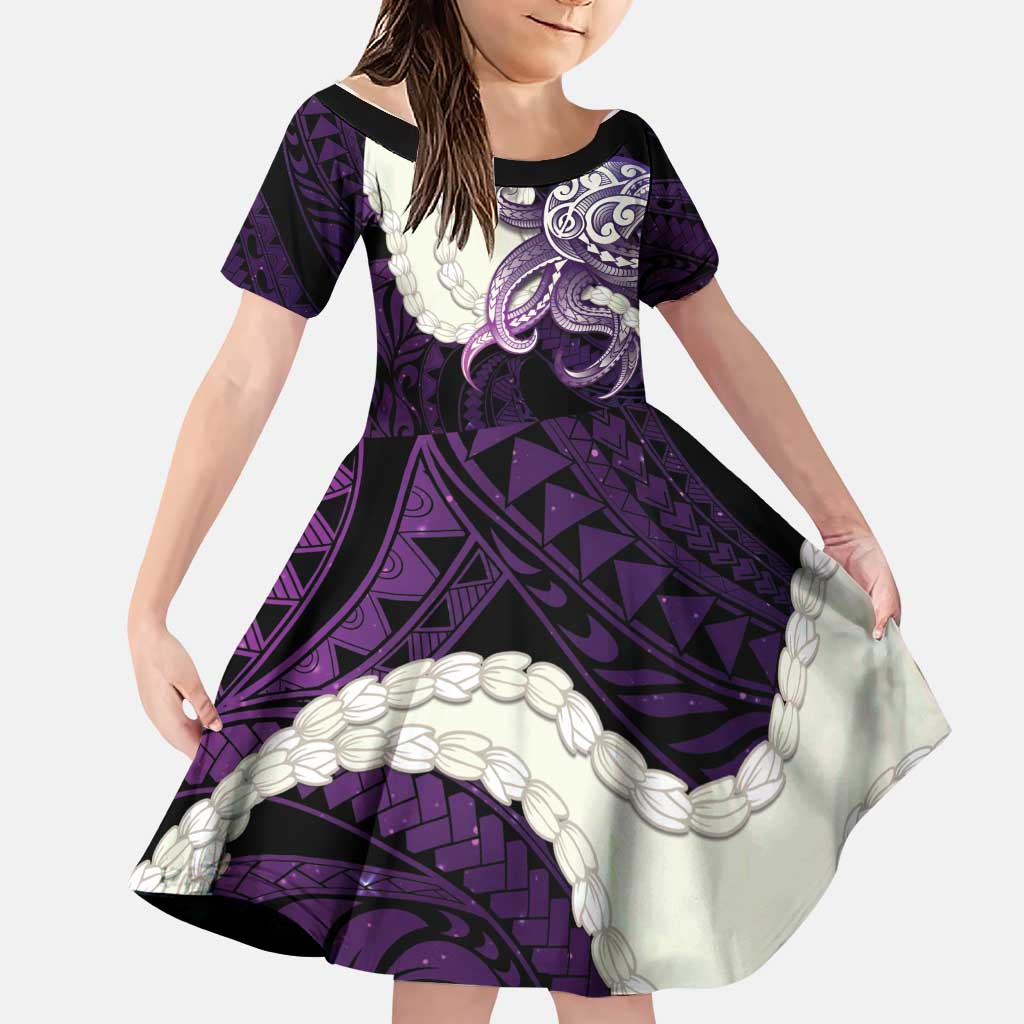 Purple Galaxy Polynesia Tribal Octopus Tattoo Family Matching Off Shoulder Maxi Dress and Hawaiian Shirt Pikake Lei Polynesian Pattern