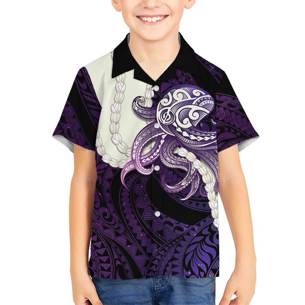 Purple Galaxy Polynesia Tribal Octopus Tattoo Family Matching Off Shoulder Short Dress and Hawaiian Shirt Pikake Lei Polynesian Pattern