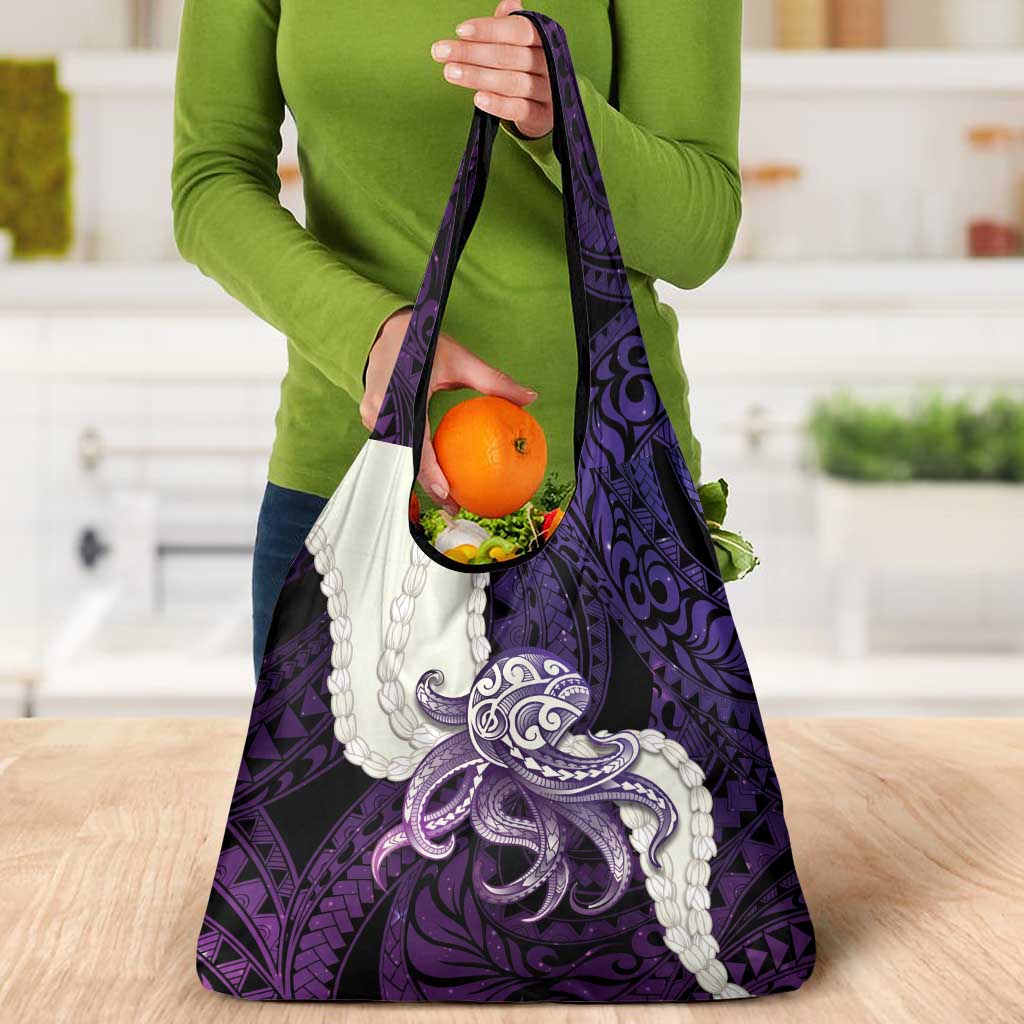 Purple Galaxy Polynesia Tribal Octopus Tattoo Grocery Bag Pikake Lei Polynesian Pattern