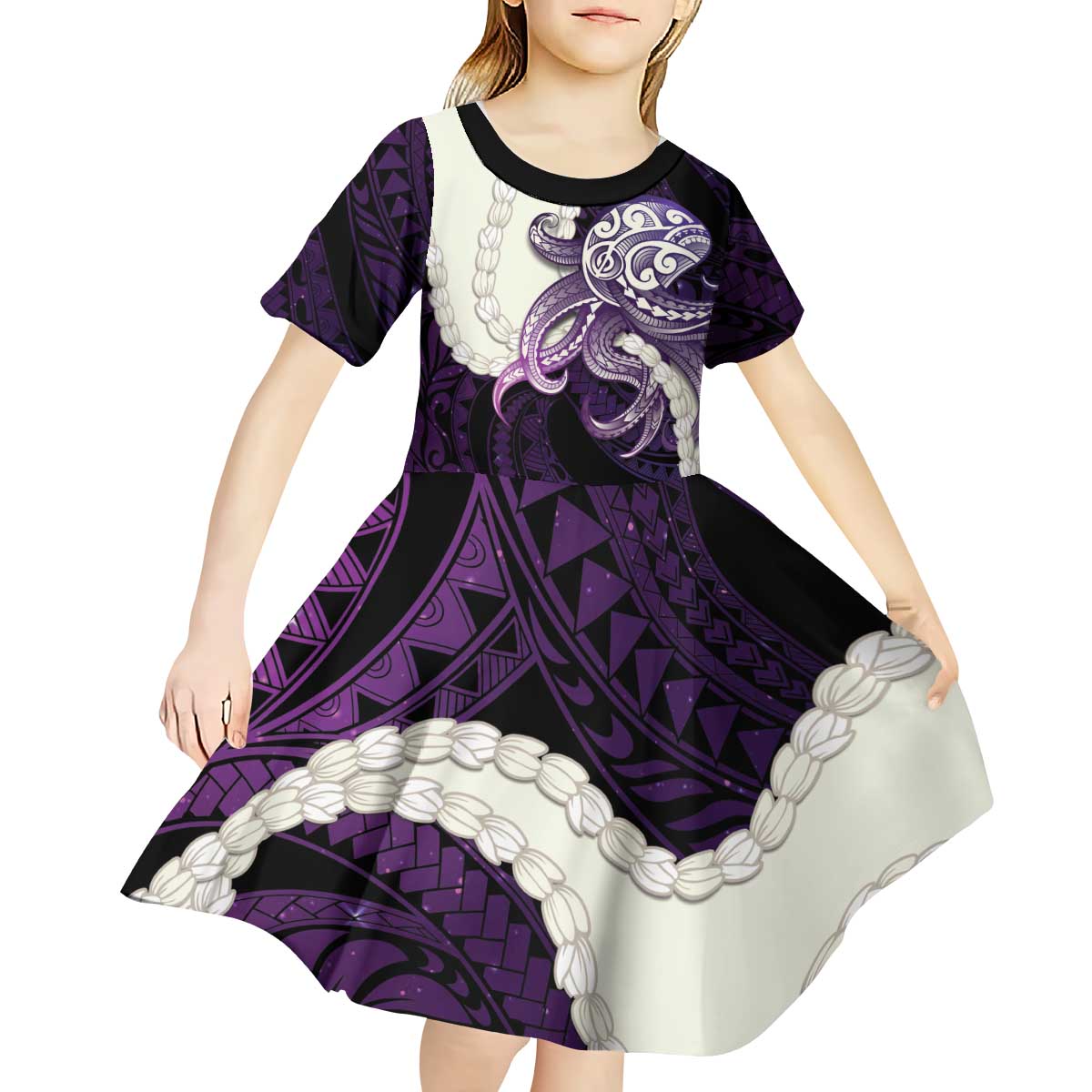 Purple Galaxy Polynesia Tribal Octopus Tattoo Kid Short Sleeve Dress Pikake Lei Polynesian Pattern
