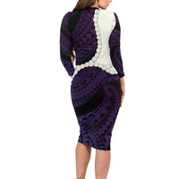 Purple Galaxy Polynesia Tribal Octopus Tattoo Long Sleeve Bodycon Dress Pikake Lei Polynesian Pattern