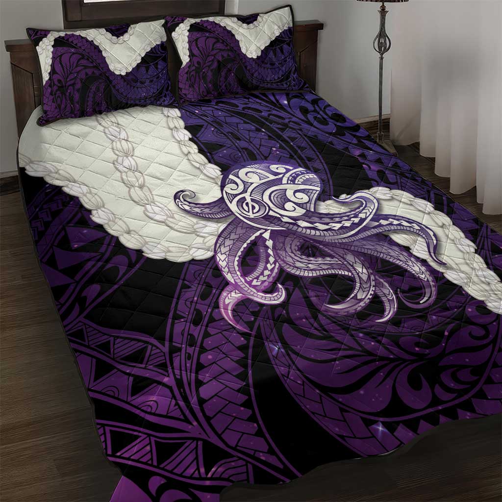 Purple Galaxy Polynesia Tribal Octopus Tattoo Quilt Bed Set Pikake Lei Polynesian Pattern