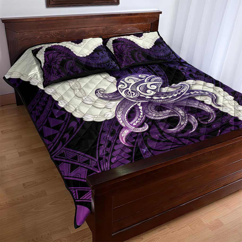 Purple Galaxy Polynesia Tribal Octopus Tattoo Quilt Bed Set Pikake Lei Polynesian Pattern