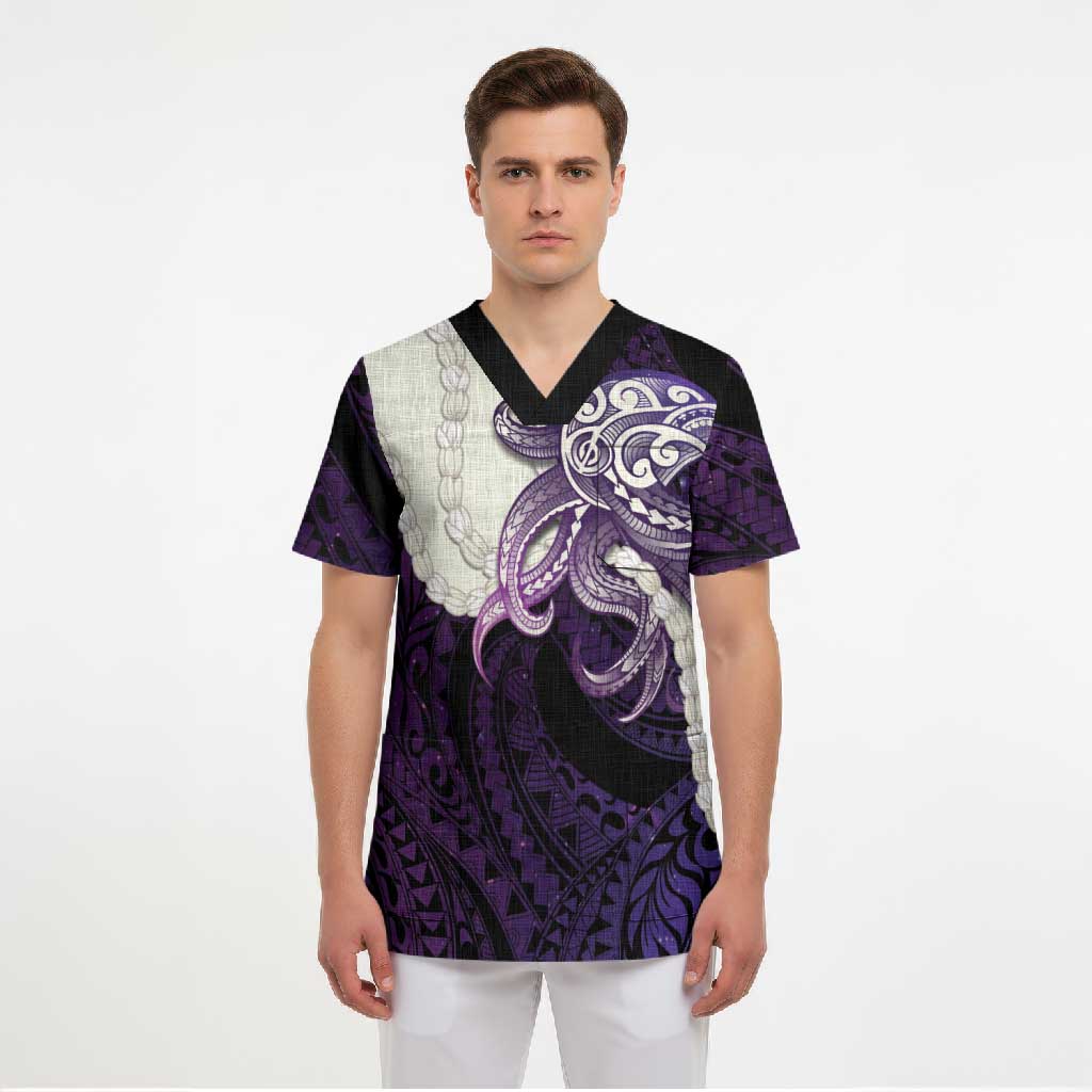 Purple Galaxy Polynesia Tribal Octopus Tattoo Scrub Top Pikake Lei Polynesian Pattern