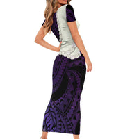 Purple Galaxy Polynesia Tribal Octopus Tattoo Short Sleeve Bodycon Dress Pikake Lei Polynesian Pattern