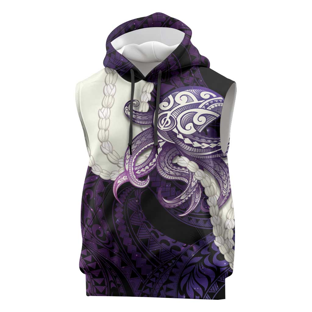 Purple Galaxy Polynesia Tribal Octopus Tattoo Sleeveless Hoodie Pikake Lei Polynesian Pattern