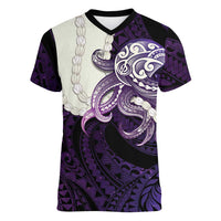 Purple Galaxy Polynesia Tribal Octopus Tattoo Women V-Neck T-Shirt Pikake Lei Polynesian Pattern