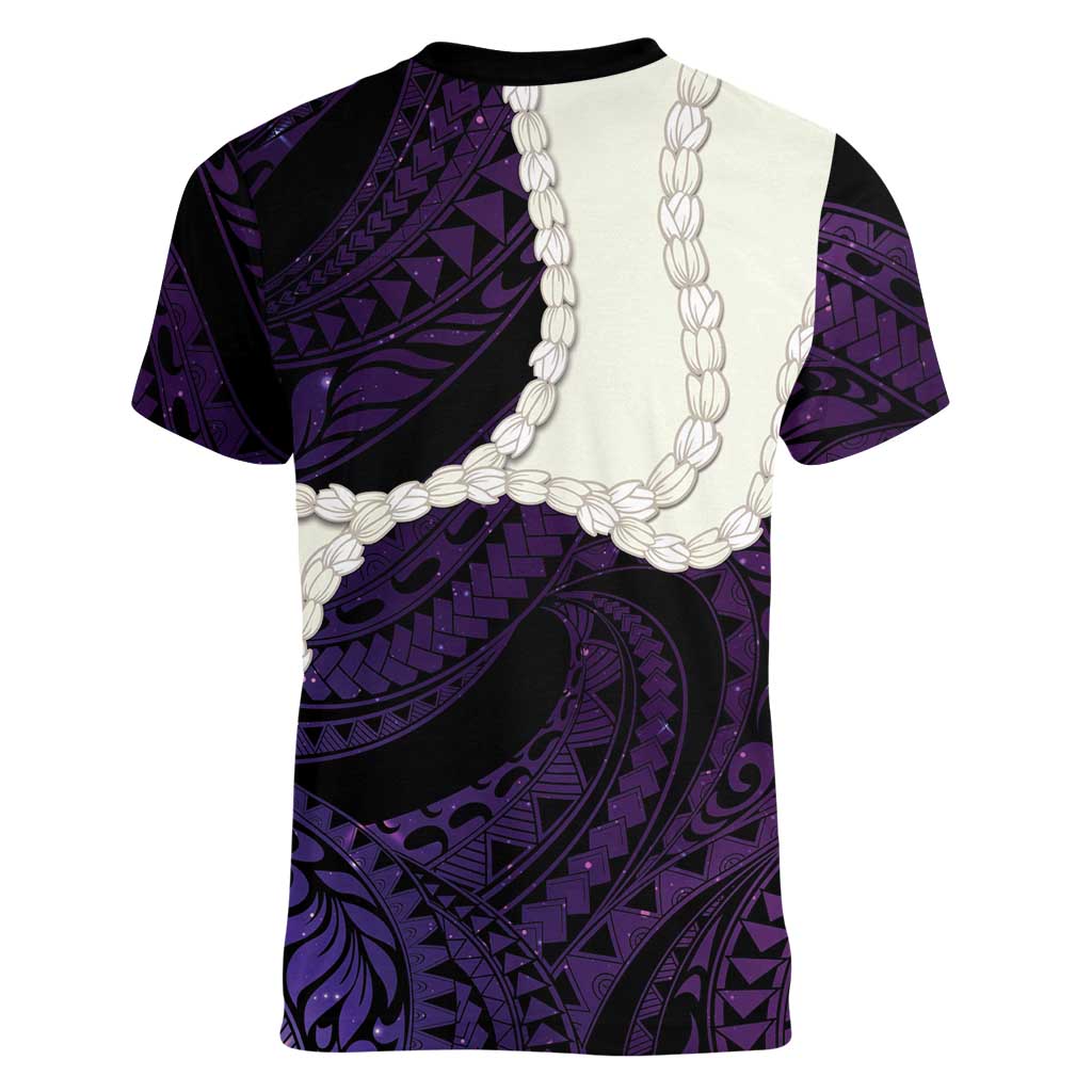 Purple Galaxy Polynesia Tribal Octopus Tattoo Women V-Neck T-Shirt Pikake Lei Polynesian Pattern