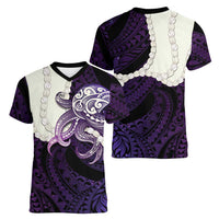 Purple Galaxy Polynesia Tribal Octopus Tattoo Women V-Neck T-Shirt Pikake Lei Polynesian Pattern