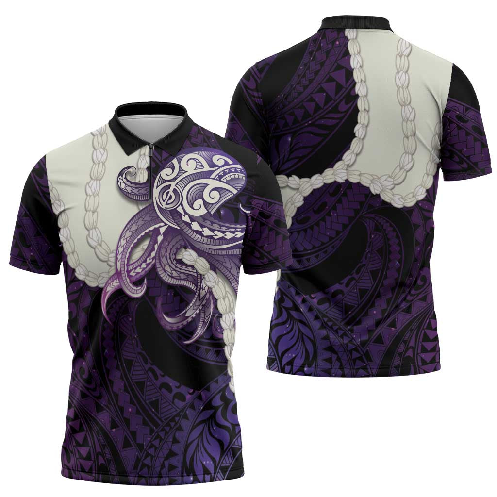 Purple Galaxy Polynesia Tribal Octopus Tattoo Zipper Polo Shirt Pikake Lei Polynesian Pattern