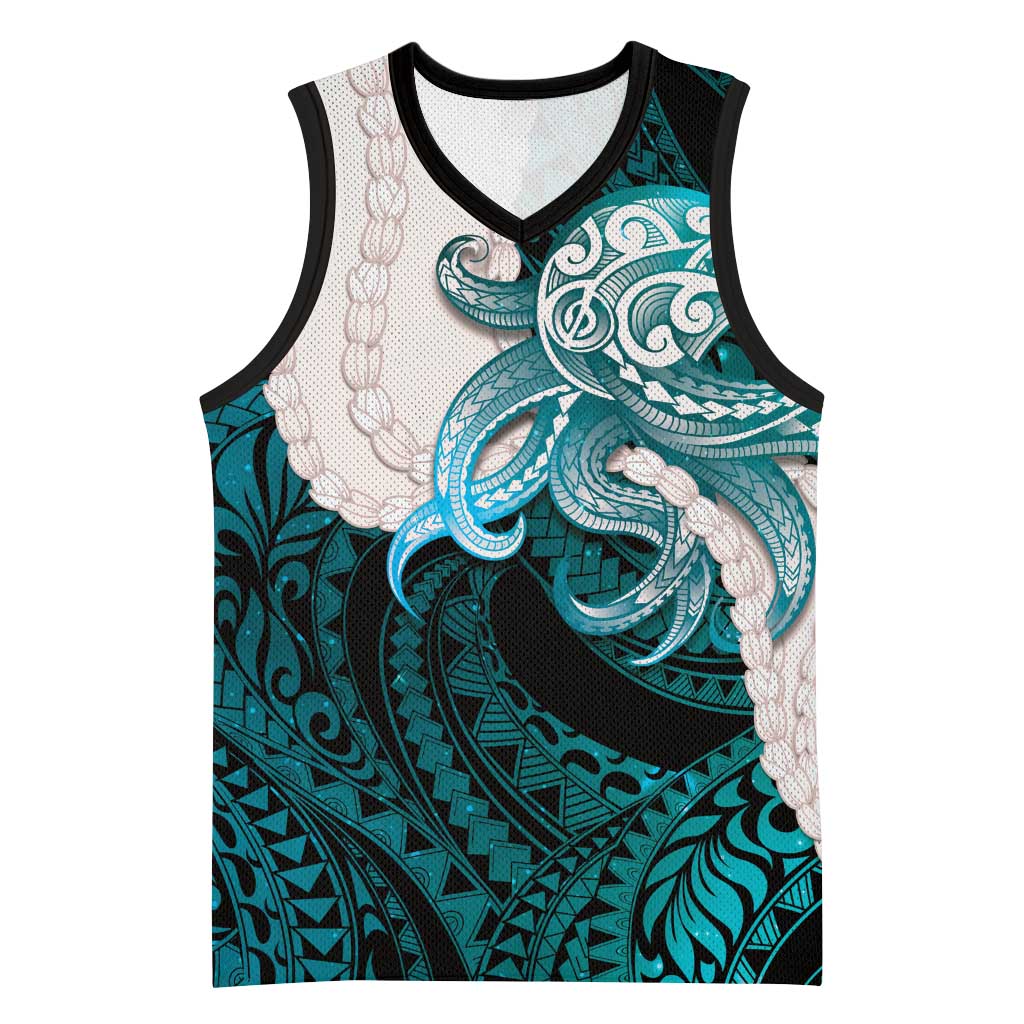 Teal Galaxy Polynesia Tribal Octopus Tattoo Basketball Jersey Pikake Lei Polynesian Pattern