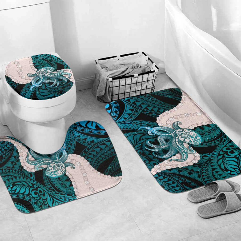 Teal Galaxy Polynesia Tribal Octopus Tattoo Bathroom Set Pikake Lei Polynesian Pattern