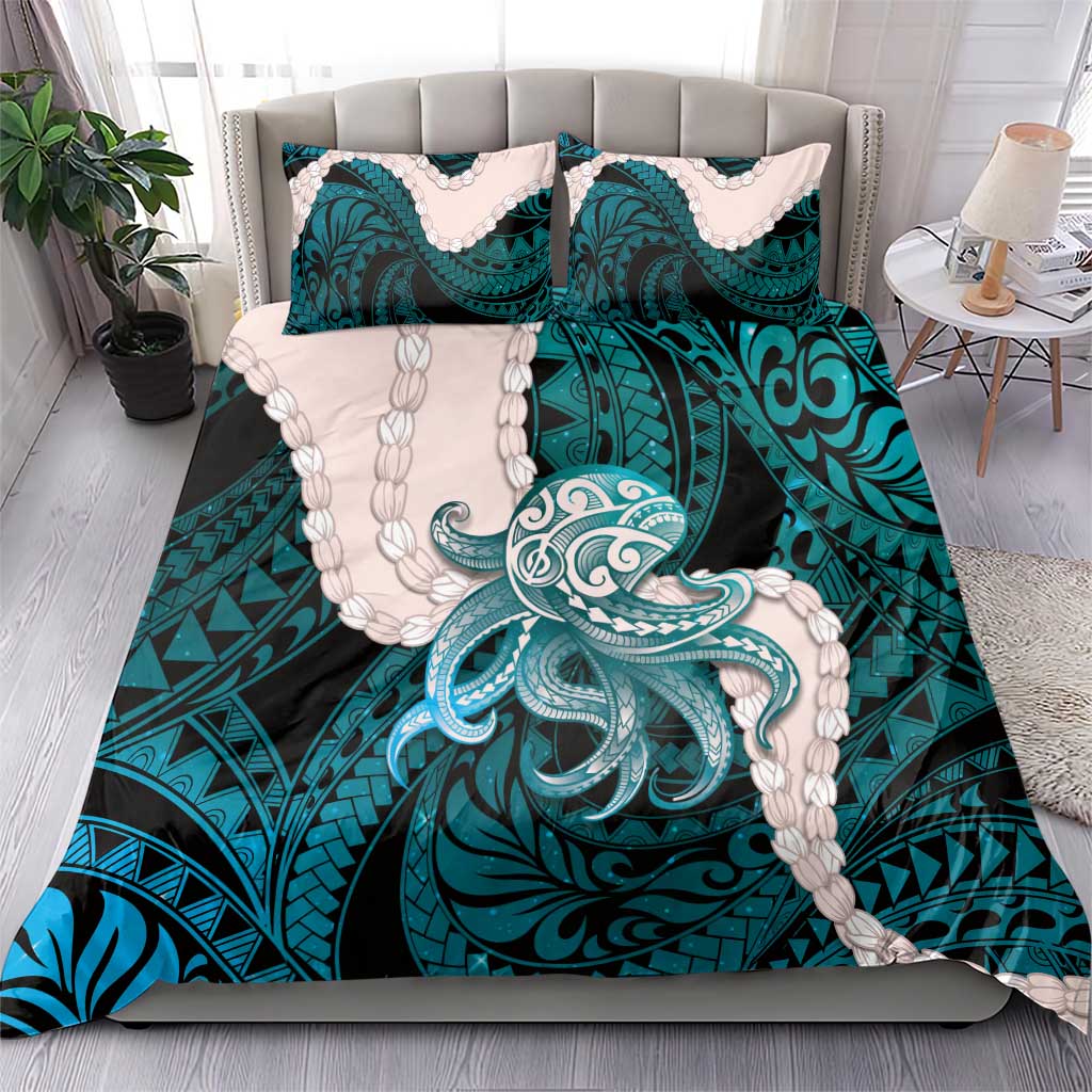 Teal Galaxy Polynesia Tribal Octopus Tattoo Bedding Set Pikake Lei Polynesian Pattern