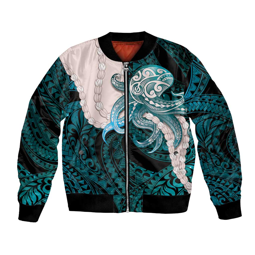 Teal Galaxy Polynesia Tribal Octopus Tattoo Bomber Jacket Pikake Lei Polynesian Pattern
