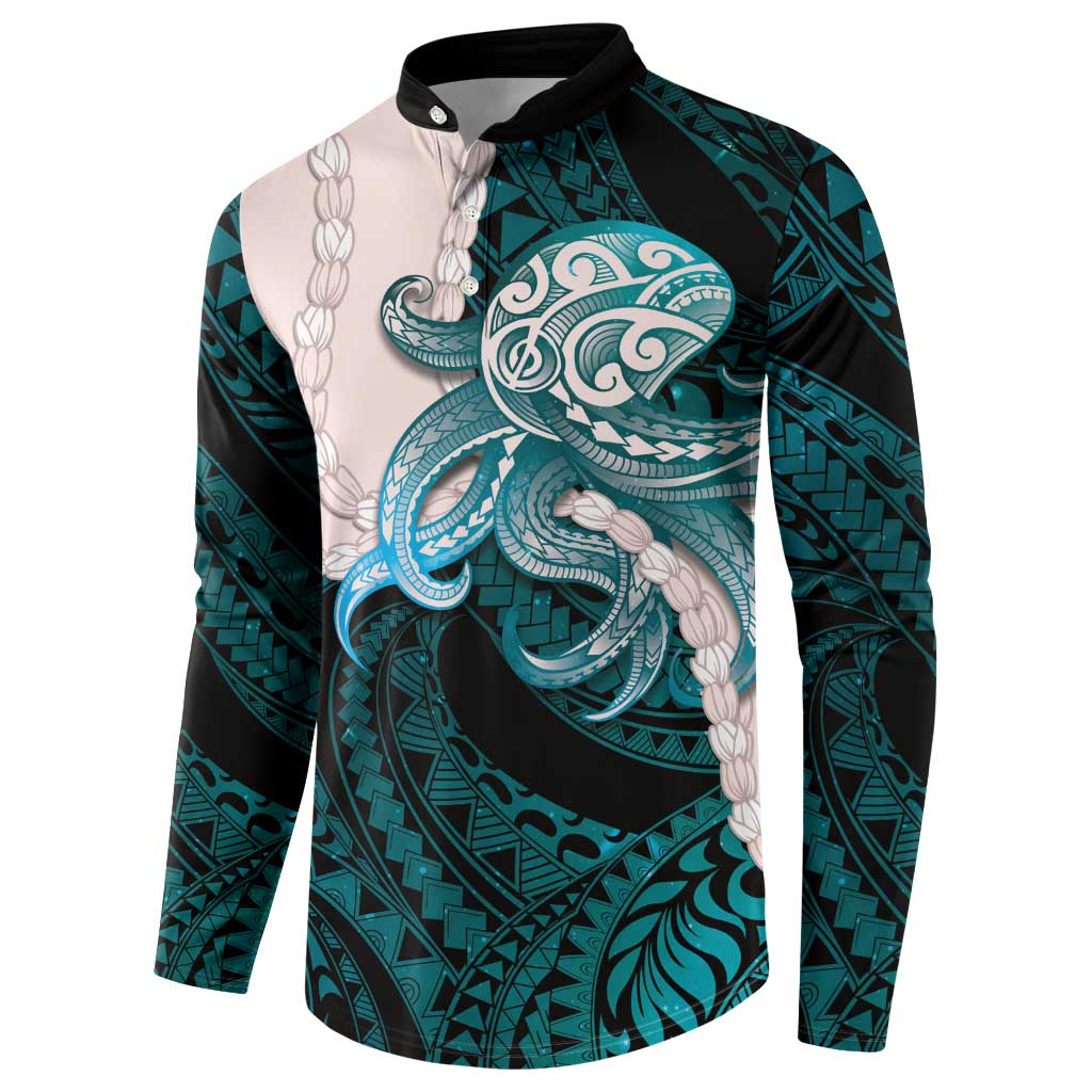 Teal Galaxy Polynesia Tribal Octopus Tattoo Button Sweatshirt Pikake Lei Polynesian Pattern