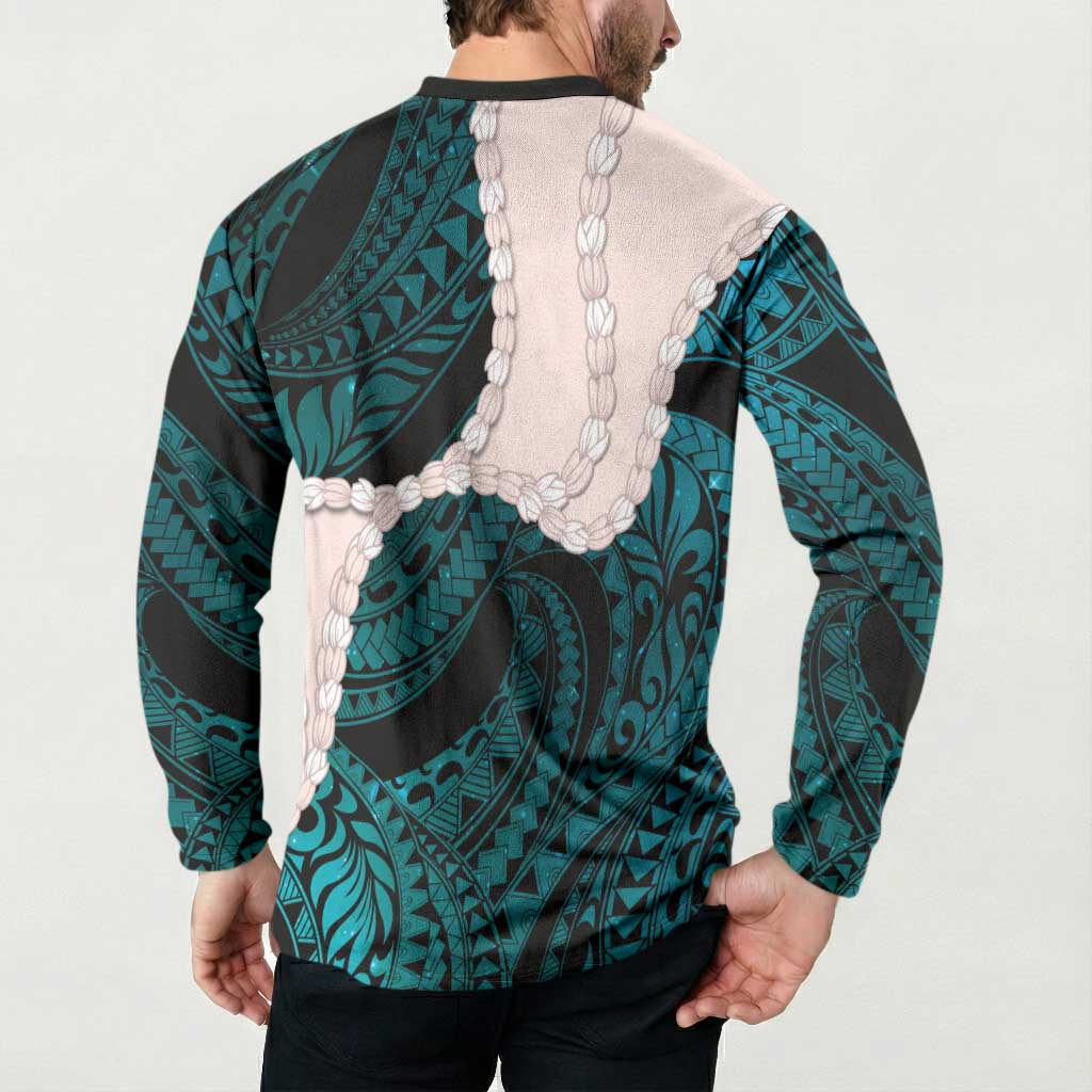 Teal Galaxy Polynesia Tribal Octopus Tattoo Button Sweatshirt Pikake Lei Polynesian Pattern