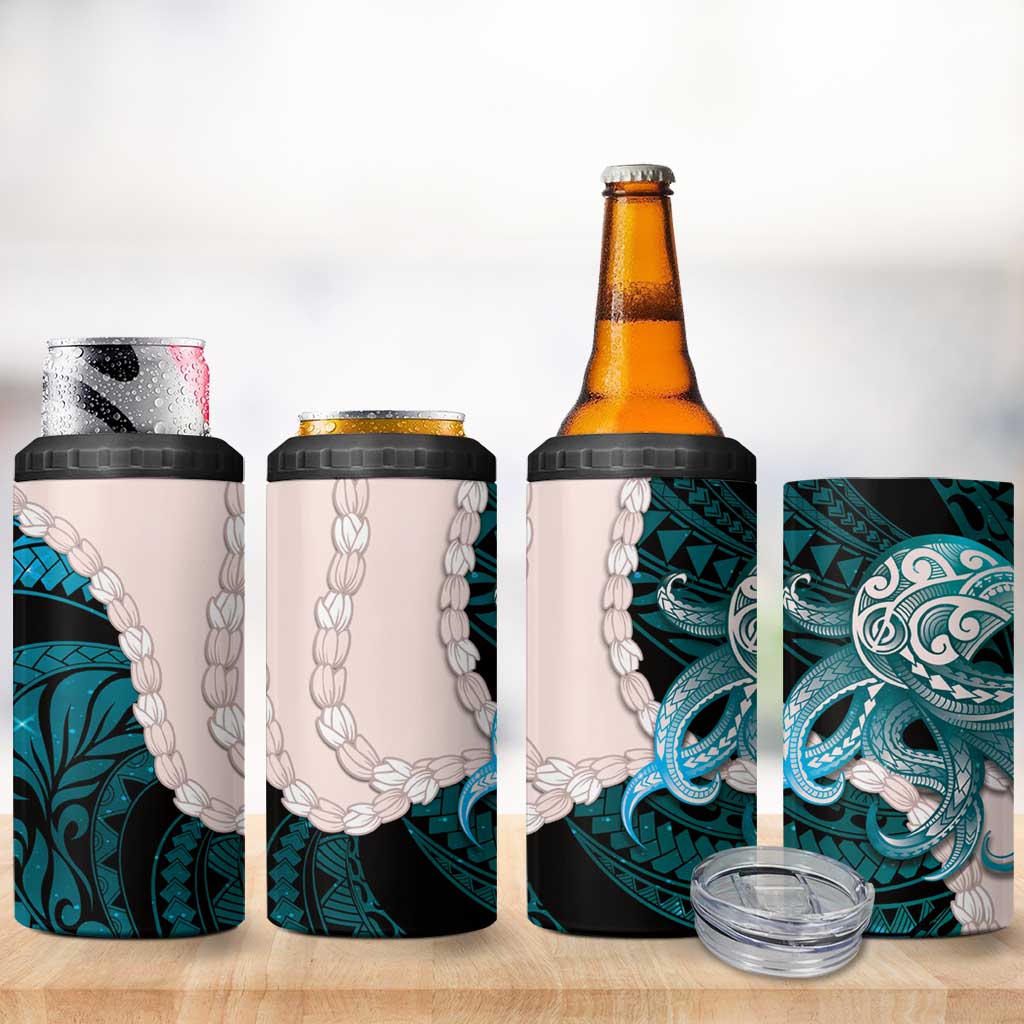 Teal Galaxy Polynesia Tribal Octopus Tattoo 4 in 1 Can Cooler Tumbler Pikake Lei Polynesian Pattern