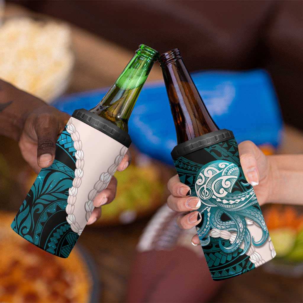 Teal Galaxy Polynesia Tribal Octopus Tattoo 4 in 1 Can Cooler Tumbler Pikake Lei Polynesian Pattern