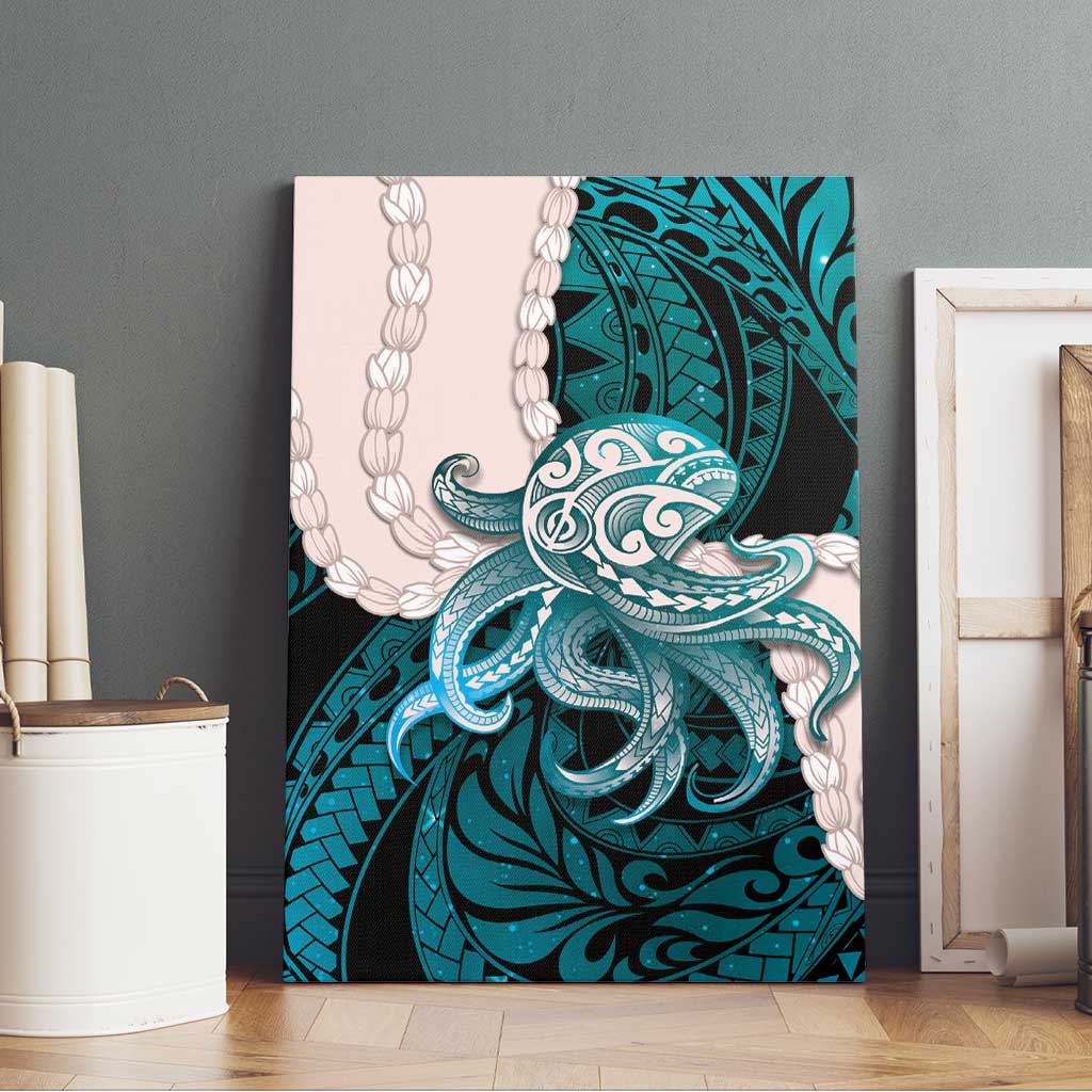 Teal Galaxy Polynesia Tribal Octopus Tattoo Canvas Wall Art Pikake Lei Polynesian Pattern