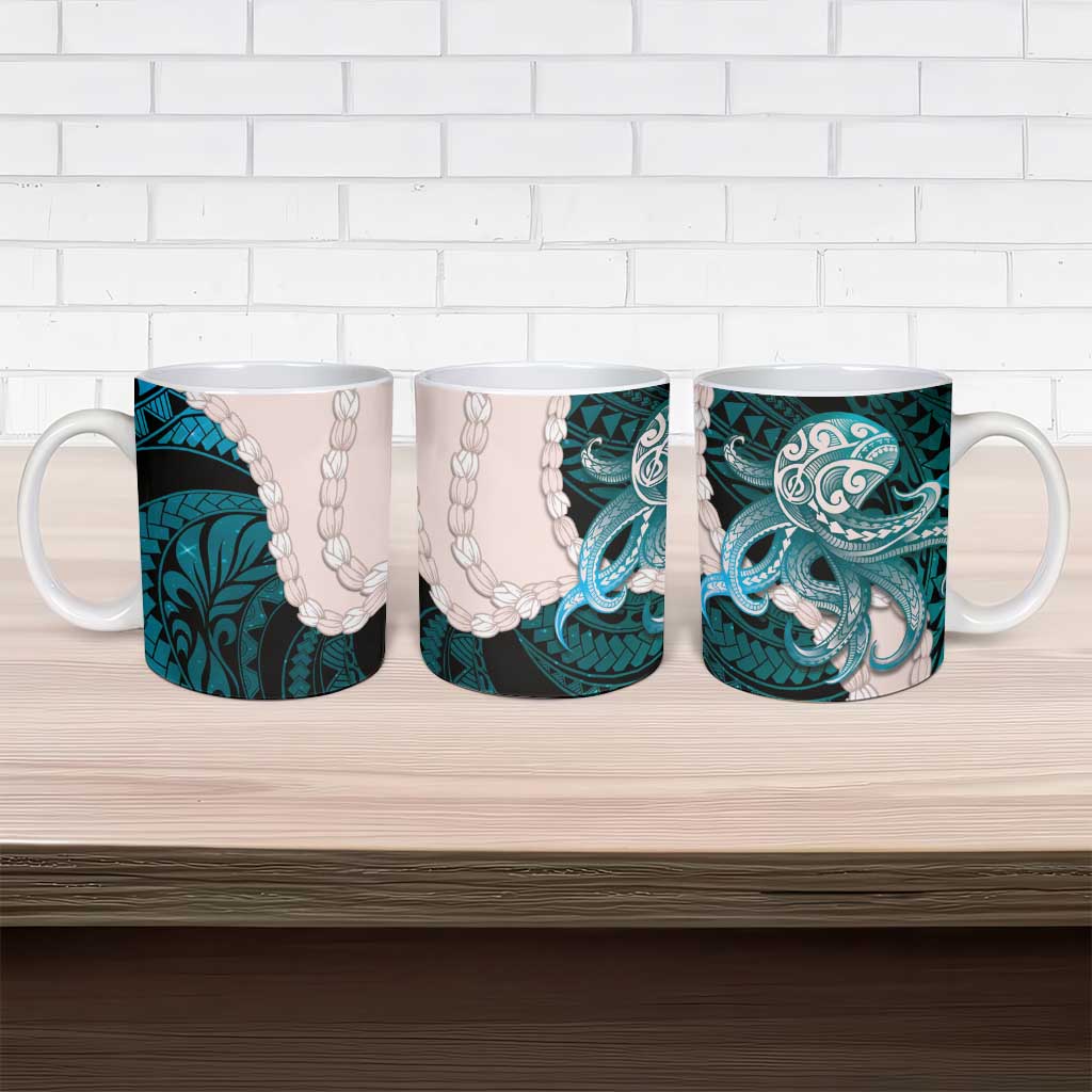 Teal Galaxy Polynesia Tribal Octopus Tattoo Ceramic Mug Pikake Lei Polynesian Pattern