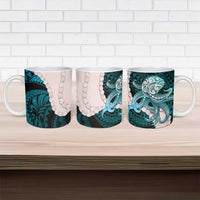 Teal Galaxy Polynesia Tribal Octopus Tattoo Ceramic Mug Pikake Lei Polynesian Pattern