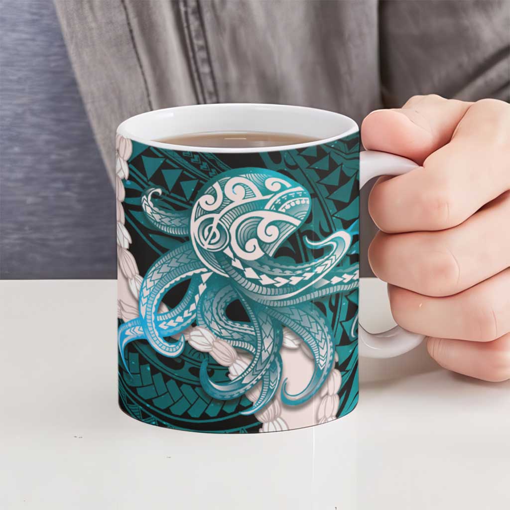 Teal Galaxy Polynesia Tribal Octopus Tattoo Ceramic Mug Pikake Lei Polynesian Pattern