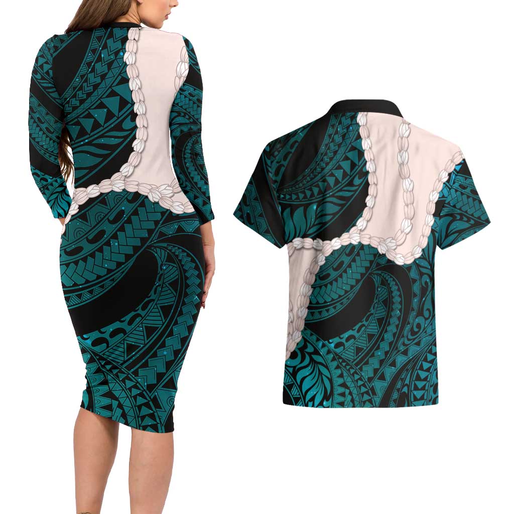 Teal Galaxy Polynesia Tribal Octopus Tattoo Couples Matching Long Sleeve Bodycon Dress and Hawaiian Shirt Pikake Lei Polynesian Pattern