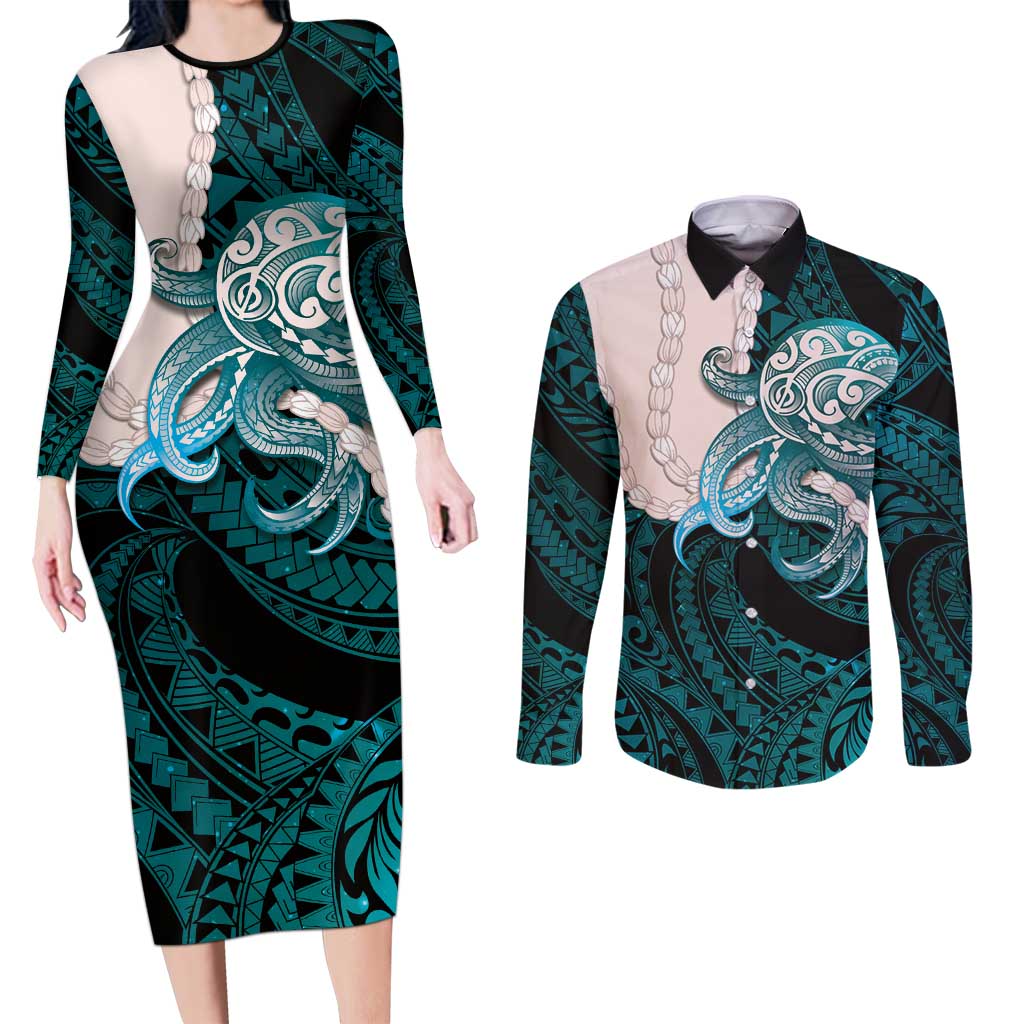 Teal Galaxy Polynesia Tribal Octopus Tattoo Couples Matching Long Sleeve Bodycon Dress and Long Sleeve Button Shirt Pikake Lei Polynesian Pattern