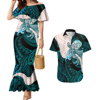 Teal Galaxy Polynesia Tribal Octopus Tattoo Couples Matching Mermaid Dress and Hawaiian Shirt Pikake Lei Polynesian Pattern