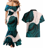 Teal Galaxy Polynesia Tribal Octopus Tattoo Couples Matching Mermaid Dress and Hawaiian Shirt Pikake Lei Polynesian Pattern
