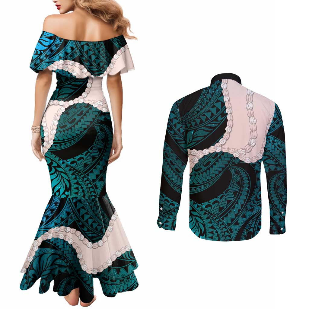 Teal Galaxy Polynesia Tribal Octopus Tattoo Couples Matching Mermaid Dress and Long Sleeve Button Shirt Pikake Lei Polynesian Pattern