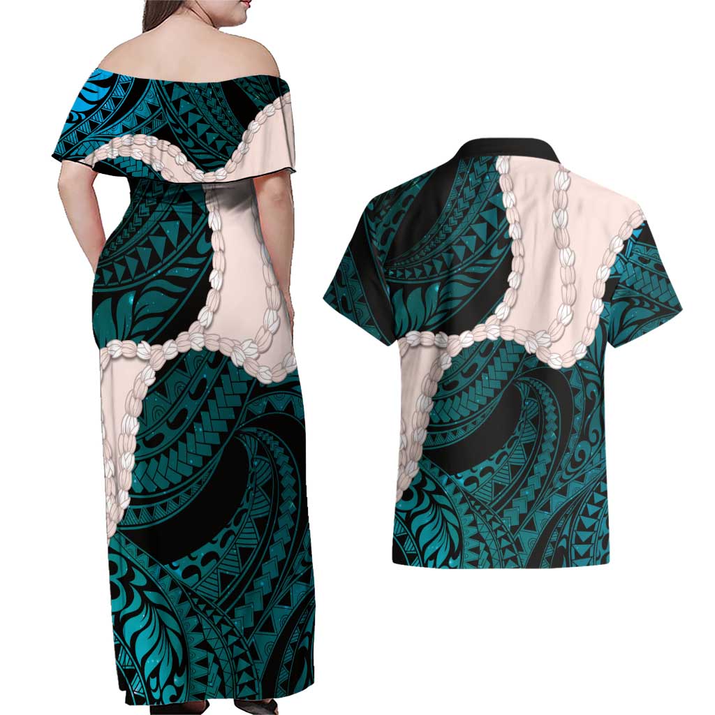 Teal Galaxy Polynesia Tribal Octopus Tattoo Couples Matching Off Shoulder Maxi Dress and Hawaiian Shirt Pikake Lei Polynesian Pattern