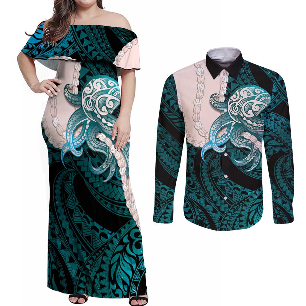 Teal Galaxy Polynesia Tribal Octopus Tattoo Couples Matching Off Shoulder Maxi Dress and Long Sleeve Button Shirt Pikake Lei Polynesian Pattern