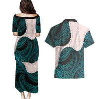 Teal Galaxy Polynesia Tribal Octopus Tattoo Couples Matching Puletasi and Hawaiian Shirt Pikake Lei Polynesian Pattern
