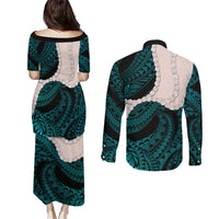 Teal Galaxy Polynesia Tribal Octopus Tattoo Couples Matching Puletasi and Long Sleeve Button Shirt Pikake Lei Polynesian Pattern