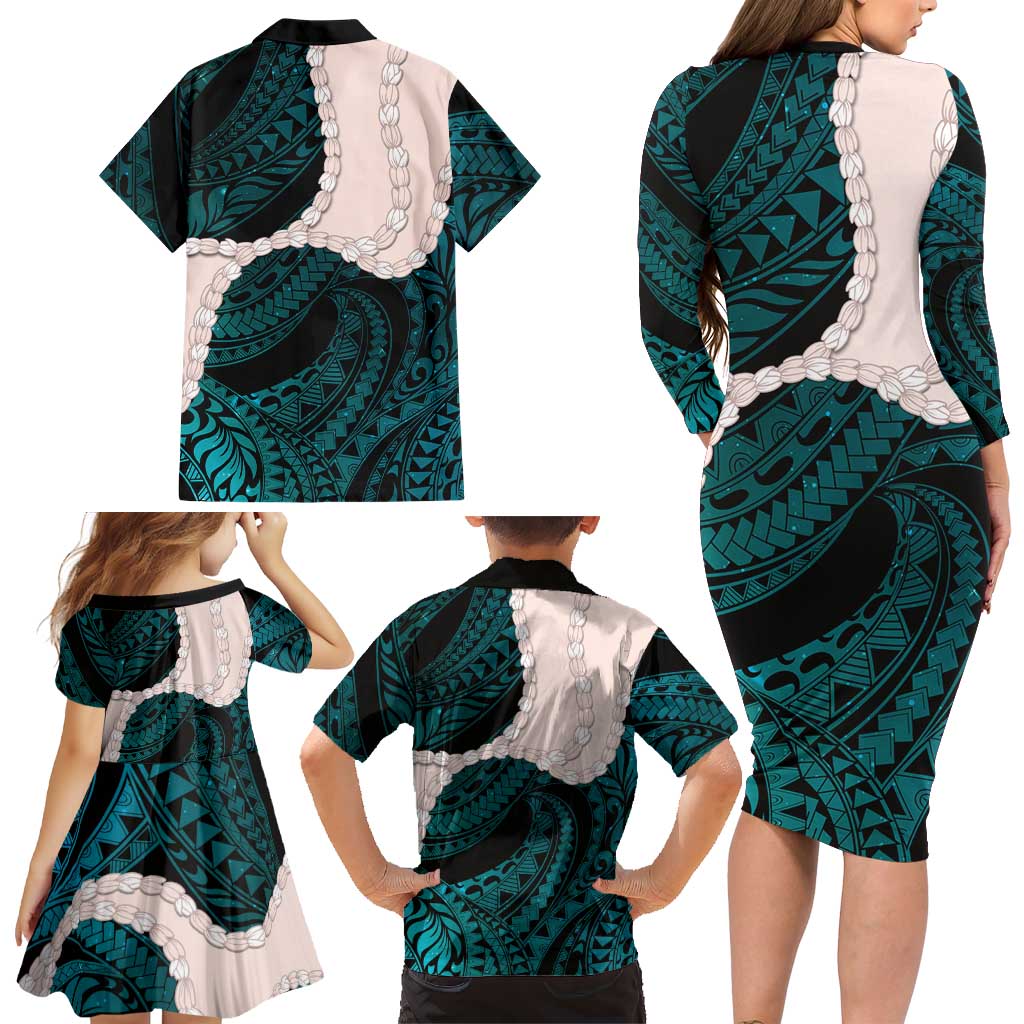 Teal Galaxy Polynesia Tribal Octopus Tattoo Family Matching Long Sleeve Bodycon Dress and Hawaiian Shirt Pikake Lei Polynesian Pattern
