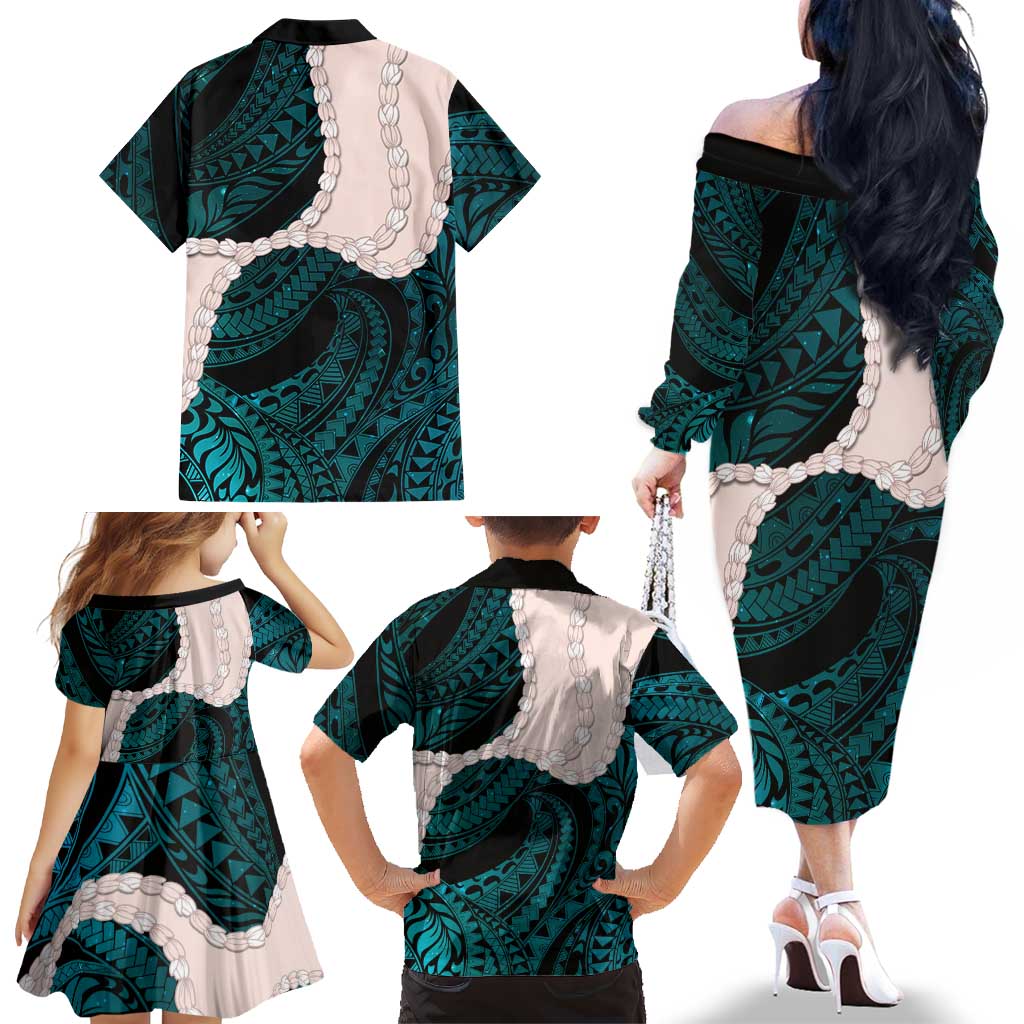 Teal Galaxy Polynesia Tribal Octopus Tattoo Family Matching Off The Shoulder Long Sleeve Dress and Hawaiian Shirt Pikake Lei Polynesian Pattern
