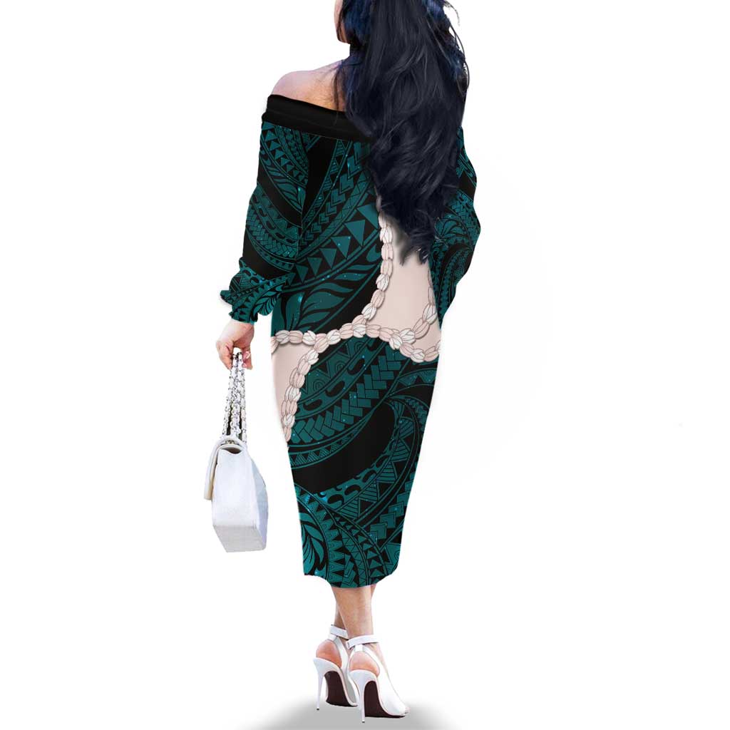 Teal Galaxy Polynesia Tribal Octopus Tattoo Family Matching Off The Shoulder Long Sleeve Dress and Hawaiian Shirt Pikake Lei Polynesian Pattern